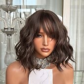 baratos Perucas de seda frontais de cabelo natural-Cabelo humano remy Fechamento 5x5 13x4 Lace Front Peruca Bob curto Com Franjas Cabelo Brasileiro Ondulado Marrom Ruivo Peruca 130% 150% Densidade do Cabelo com o cabelo do bebê Cabelo Ombre Riscas
