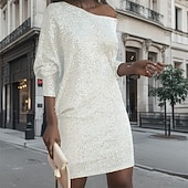 preiswerte Paillettenkleider-Damen Minikleid Weißes Kleid schwarzes kleid Paillettenkleid Elegant Mode Klassisch Täglich Outdoor Party Normale Passform Einfach Langarm Schulterfrei Schwarz Weiß Rosa Rote Herbst Winter