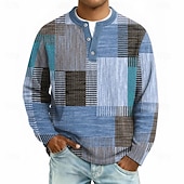 preiswerte Geometrisch-Herren Geometrisch Patchwork Waffel-Henley-Hemd Lässiger Stil Klassicher Stil Langarm Mode Designer Basic Lässig Täglich Outdoor Herbst Frühling &amp; Herbst Blau Grau Grün Khaki Henley Henley T-Shirt