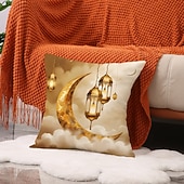cheap Throw Pillows,Inserts &amp; Covers-Ramadan Eid Throw Pillow Cover, Gold Crescent Moon &amp; Oil Lamp Print, Ethnic Festival Decor, Sofa Cushion for Living Room and Prayer Room, Holiday Accent Pillow