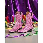 economico Scarpe da donna-Stivali western in paillettes viola da donna per il Mardi Gras con tacco a blocco design luccicante perfetti per Carnevale feste e abbigliamento da festival