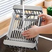 olcso Tárolóállványok-bővíthető rozsdamentes acél mosogató fölé helyezhető edénytartó &amp;Összecsukható csepegtetőkosár konyhai szervező edényekhez, poharakhoz és zöldségekhez, többszintes kialakítás a hatékony mosáshoz és