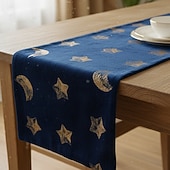 cheap Table Runners-Ramadan Eid Nordic Green &amp; Gold Star &amp; Moon Sequin Embroidered Table Runner, Scandinavian Style, Holiday and Daily Dining Room Decor, Perfect for Parties and Sideboard Decoration