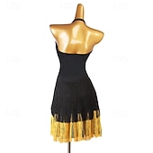 baratos vestido de competição-preto feminino &amp;Vestido de dança latina com franjas douradas - decote halter bicolor para rumba, salsa, cha-cha e dança de salão.