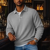 baratos Polo Clássico Masculino-Homens Camiseta de Veludo Textura Casual Esportes Lapela Manga Longa Moda Básico Bloco de cor Botões Estriado Outono Primavera &amp; Outono Outono &amp; inverno Normal Preto Azul Marinha cáqui Cinzento Azul