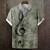 cheap Music and Guitars-Men's Musical Notes Distressed Print Shirt Summer Shirt Button Up Shirt Short Sleeve Vintage Retro Music Festival Holiday Summer Turndown 3D Print Front One Pocket Linen Like Shirt Blue Green Khaki