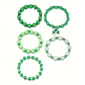  5-Piece St. Patrick's Day Green Bracelet Set, Multi-Layer Elastic Bracelets with Acrylic & Wood Heart Beads and Shamrock Charms, Unisex Irish Festival Party Jewelry Gift