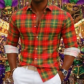 economico Geometrica-Carnevale Per uomo Grafico Plaid Camicia Camicia button-down Camicia da Spiaggia Manica Lunga Hawaiano Casual Confortevole Vacanza Ferie Martedì grasso Estate Primavera Collo ripiegato Stampa Rosso 1
