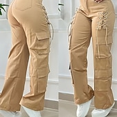 preiswerte Gerade geschnittene Hose-Damen Cargo-Hosen Chinos Urlaub Vintage Streetwear Volle Länge Mittlere Taillenlinie Einfarbig Mehrere Taschen Bequem Mikroelastisch Täglich Outdoor Straße Armeegrün Khaki Frühling Herbst Winter