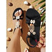 abordables Femmes-Sandales plates bohèmes chics pour femmes, ornées de perles métalliques décoratives – des chaussures confortables pour les mariages décontractés et à la plage, les événements estivaux et les vacances