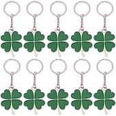  10PCS St. Patrick's Day Lucky Clover Keychains, Green Shamrock Stainless Steel Key Rings, Assorted Styles, Perfect Party Favors & Gifts