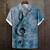 cheap Music and Guitars-Men's Musical Notes Distressed Print Shirt Summer Shirt Button Up Shirt Short Sleeve Vintage Retro Music Festival Holiday Summer Turndown 3D Print Front One Pocket Linen Like Shirt Blue Green Khaki