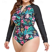 ieftine Rash guards One Piece-Pentru femei Costum de baie One Pieces Protecție anti-erupții cutanate mărime mare Floral Tropical Inchide fermuarul Protecție UV Elastic Manșon Lung Costume de Baie Surfing Plajă Vacanță Vară