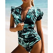 Χαμηλού Κόστους Rash Guards One Pieces-Γυναικεία Προστατευτικά Μαγιό Ολόσωμα κομμάτια Τροπικό Κουμπώσου Φαρδύ μανίκι Προστασία UV Υψηλή Ελαστικότητα Κοντομάνικο Μαγιό Σέρφινγκ Καταδύσεις Ψαροντούφεκο Καλοκαίρι