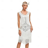 رخيصةأون فساتين عشرينيات القرن العشرين-الهدر 20S عشرينيات طول الركبة فساتين حفلة الزفاف حفل توديع العزوبية بلا أكمام غاتسبي العظيم تشارلستون ضيف حفل الزفاف ترتر مكشكش رقبة سكوب ملابس تنكرية نسائي السنة الجديدة حفلة تنكرية