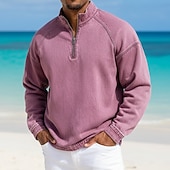 economico T-shirt in Cotone e Lino-Per uomo Camicia 100% cotone lavaggio acido Maglietta Manica Lunga Collo alla coreana Autunno &amp; Inverno Primavera Autunno Semplice Vintage Streetwear Casual Con zip Tinto in capo Sbiadito Casuale