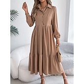 cheap Plain Dress-Women's Midi Dress A Line Dress Casual Daily Regular Fit Plain Long Sleeve Lapel Blue Navy Wine Green Spring