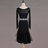 cheap Competition Dress-Women's Black Rhinestone Latin Dance Dress - Long Sleeve Mesh Ruffled Asymmetrical Ballroom Performance Dress