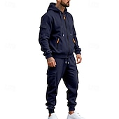 baratos Basic Tracksuits-Men's Hoodie Tracksuit Hoodie &amp; Pants Set Hoodie Daily Outdoor Vacation Daily Wear Drawstring Zip Up Plain Black Navy Blue Khaki Activewear Sports Fashion Fall