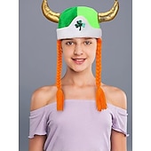 billiga Tillbehör-Vikingahatt för kvinnor med gyllene horn och flätat orange hår, grön shamrockhatt för irländska parader och festivaler &amp;festkläder