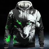 economico Stampa animale-Per uomo Lupo Felpa con Cappuccio Felpa 3D Fantasia Manica Lunga Girocollo All'aperto Abbigliamento casual alla moda Regalo Blu Rosso Verde Coulisse Autunno Inverno progettista S M L XL XXL XXXL
