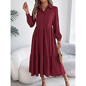 cheap Plain Dress-Women's Midi Dress A Line Dress Casual Daily Regular Fit Plain Long Sleeve Lapel Blue Navy Wine Green Spring
