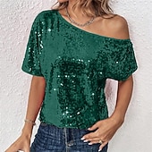 preiswerte Schicke Blusen-Damen Sommeroberteile Bluse Elegante Oberteile Pailletten-Oberteile Gerafft Pailletten Patchwork Einfarbig Einfach Elegant Vintage Damen Kurzarm Schulterfrei Normale Oberteile Täglich Arbeit Ausgehen