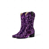 economico Scarpe da donna-Stivali western in paillettes viola da donna per il Mardi Gras con tacco a blocco design luccicante perfetti per Carnevale feste e abbigliamento da festival
