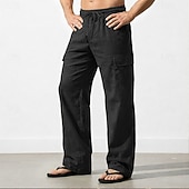 cheap Classic-Men's Cargo Pants Linen Pants Trousers Summer Pants Drawstring Elastic Waist Multi Pocket Plain Comfort Breathable Full Length Casual Daily Holiday Vacation Fashion Black White Inelastic