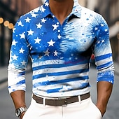  4th of July 2026 250th Men's American US Flag Polo Long Sleeve Polo Shirts Lapel Casual Street Athleisure Daily Wear 3D Print Buttons Spring Fall Winter Blue Blue 1