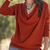 abordables Camiseta lisa-Mujer Blusa Tops elegantes Frunce Retazos Color sólido Plano Elegante Vintage Diario Manga Larga Cuello vuelto holgado Tops regulares Diario Trabajo Festivos Rosa Rojo Naranja Verde Trébol Otoño
