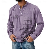 preiswerte Vintage&amp;amp;Retro-Herren Nautisch Segelboot Henley Hemd T-Shirt Langarm Täglich Retro Vintage Lässig Lässig Ferien Ausgehen Frühling Frühling &amp; Herbst Ganzjahres Grau Hellblau Purpur Khaki Henley Henley T-Shirt