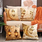 cheap Throw Pillows,Inserts &amp; Covers-Ramadan Eid Throw Pillow Cover, Gold Crescent Moon &amp; Oil Lamp Print, Ethnic Festival Decor, Sofa Cushion for Living Room and Prayer Room, Holiday Accent Pillow