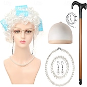 abordables Pelucas de fiesta-Peluca de anciana con rulos, collar de perlas, pendientes y bastón para mujeres y niñas, disfraz de abuela para cosplay de 100 días de escuela, accesorio para fiesta de Halloween