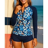 Χαμηλού Κόστους Surfing Tankinis και Bikinis-Γυναικεία Προστατευτικά Μαγιό 2 τεμάχια Εκτυπωμένο Κουμπώσου Ρυτιδωμένη πλευρά Προστασία UV Ελαστικό Μακρυμάνικο Μαγιό Σέρφινγκ Παραλία Κολύμβηση Καλοκαίρι