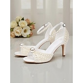 economico sposa-sandali da sposa con tacco alto decorati con perle e cinturino alla caviglia, eleganti scarpe da sposa aperte per la sposa, tacchi di lusso decorati con perle per la cerimonia &amp;ricezione