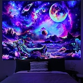 abordables Tapisseries à la lumière noire-Tapisserie murale lumineuse à effet ultraviolet, motif astronaute, galaxie, espace, phosphorescente, univers psychédélique, planètes, ciel étoilé néon, décoration murale pour la maison