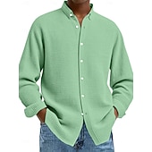 cheap Men's Button Up Shirts-Men's Shirt Waffle Shirt Casual Shirt Button Up Shirt Blue Black White Wine Navy Blue Long Sleeve Plain Lapel Casual Daily Clothing Apparel Fashion Streetwear