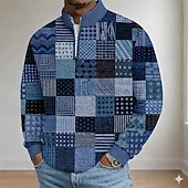 billige Geometrisk polo for menn-Herre Fargeblokk Geometrisk Poloskjorter Langermet Opprett krage Fritid Feriereise treningsklær Fritid / hverdag Lapper 3D-utskrift Vår Høst Blå 1 blå 3# blå 2#