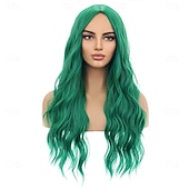  Πράσινα Περούκια για Γυναίκες Κορίτσια Μακρύ Σγουρό Σαρκώδες Σμαραγδί Πράσινο Περούκια Μεσαίο Μέρος Ανθεκτικά στη Θερμότητα