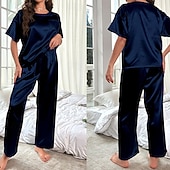 abordables Tops y pantalones de dormir para mujer-Mujer Ropa de salón Conjunto pijama Moda Casual Suave Color puro Retazos Pantalón Hogar Vacaciones Manga Corta Cuello Barco Azul Piscina Negro Vino Morado Caqui Verano Primavera Otoño Ajuste regular