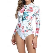 זול רש גארדים One Piece-בגדי ריקוד נשים מגן מפריחה בגד ים עם הדפס פרחוני בגד ים טרופי לרכוס קל במיוחד (UL) הגנת UV אלסטי שרוול ארוך בגדי ים גלישה שנרקול אביב