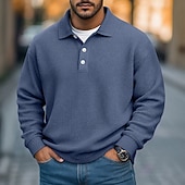 お買い得  メンズ クラシックポロ-男性用 ワッフルポロシャツ テクスチャード加工 カジュアル ストリート リブ付きポロカラー 長袖 ファッション 純色 ボタン 平織り 秋 春 &amp; 秋 ルーズフィット パープル カーキ色 ライト ダークブルー ライトブルー ワッフルポロシャツ