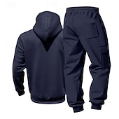 baratos Basic Tracksuits-Men's Hoodie Tracksuit Hoodie &amp; Pants Set Hoodie Daily Outdoor Vacation Daily Wear Drawstring Zip Up Plain Black Navy Blue Khaki Activewear Sports Fashion Fall