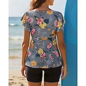 お買い得  サーフィンタンクiniとビキニ-女性用 水着 2個 フラワー Ｖネック フレアスリーブ UVプロテクション 弾性ある 半袖 スイムウェア サーフィン ビーチ 水泳 夏