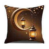 baratos Jogue travesseiros, inserções e capas-Capa de almofada decorativa para o Ramadã e Eid, lua crescente dourada &amp;Almofada de sofá em estilo étnico com estampa de lanternas, decoração para festivais do Oriente Médio, ideal para sala de estar