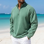 economico T-shirt in Cotone e Lino-Per uomo Camicia 100% cotone lavaggio acido Maglietta Manica Lunga Collo alla coreana Autunno &amp; Inverno Primavera Autunno Semplice Vintage Streetwear Casual Con zip Tinto in capo Sbiadito Casuale