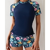 Χαμηλού Κόστους Rash Guards One Pieces-Γυναικεία Προστατευτικά Μαγιό με φλοράλ print Μαγιό Φλοράλ Πολύ Ελαφρύ (UL) Προστασία UV Ελαστικό Κοντομάνικο Μαγιό Σέρφινγκ Ψαροντούφεκο Καλοκαίρι