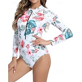 זול רש גארדים One Piece-בגדי ריקוד נשים מגן מפריחה בגד ים עם הדפס פרחוני בגד ים טרופי לרכוס קל במיוחד (UL) הגנת UV אלסטי שרוול ארוך בגדי ים גלישה שנרקול אביב