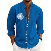 abordables Chemise vintage-Homme Soleil Ethnique Culture indienne Chemise Chemise à col montant manche longue Vintage Rétro Occasionnel Vacances Printemps Automne Col mandarin Band Collar Boutonné Chemise en lin Bleu Jaune